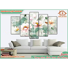 Tranh tráng gương pha lê BÔNG SEN 5 tấm trang trí phòng khách hiện đại TẶNG KÈM ĐINH TREO 5TBS013