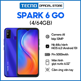 Mua Điện thoại Tecno Spark 6 Go (4GB+64GB) - (KE5K) Pin 5000mAh | Camera kép AI 13MP | Mở khóa Khuôn mặt 2.0 | Cảm biến vân tay - Hàng Chính Hãng