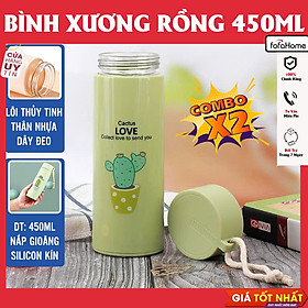 Bình Đựng Nước Lõi Thủy Tinh Họa Tiết Xương Rồng Dễ Thương Dung Tích 450ml - Bình Giữ Nhiệt In Hình Xương Rồng 450ml Lõi Thủy Tinh Bọc Và Nhựa Lúa Mạch Có Dây Sách Tiện Dụng - Giao Màu Ngẫu Nhiên - Combo 2 bình
