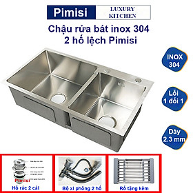 Chậu rửa bát inox 304 Pimisi đúc 2 hố cân, lệch - kích thước 7843-8245 cm đầy đủ xi phông dùng để rửa chén bát gắn được cả âm bàn đá | Hàng chính hãng