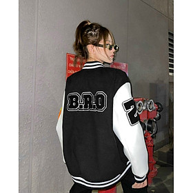 ÁO KHOÁC BÓNG CHÀY B.R.O (VARSITY JACKET), Áo khoác bomber dáng rộng phối tay trắng trẻ trung có khuy bấm, áo khoác dù nam nữ unisex ullzang