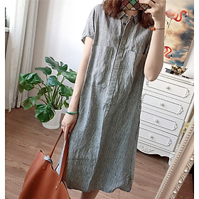Đầm linen dáng suông kẻ sọc cổ sơ mi 2 túi ốp ngực trẻ trung ArcticHunter, thời trang thương hiệu chính hãng - sọc xám
