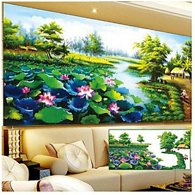 Tranh Đính Đá LÀNG QUÊ ĐẦM SEN (ĐÁ ABC CAO CẤP). Kích Thước: 1m2 x 65cm - 1m5 x 75cm