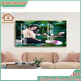Tranh Cô Gái Hoa Sen Phong Cảnh Thiên Nhiên Hoa Lá tráng gương pha lê trang trí không gian TẶNG KÈM ĐINH TREO PC03