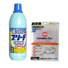 Combo 01 Túi giặt quần áo Okazaki dạng lưới + 01 chai Nước tẩy trắng không màu, không mùi 600ml - Nội địa Nhật Bản