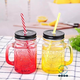 combo 2 chiếc -LY CỐC THỦY TINH CÓ QUAI MÀU CHỮ NỔI KÈM ỐNG HÚT 450ML NẮP CÓ LỖ