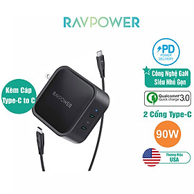 Củ Sạc Điện Thoại Laptop RAVPower RP-PC128 Kèm Cáp C To C PD 90W Công Nghệ GaN - Hàng Chính Hãng