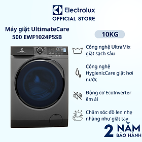 Máy Giặt Cửa Trước Electrolux 10kg UltimateCare 500 - EWF1024P5SB - Giặt hơi nước diệt 99.9% vi khuẩn, không cặn giặt tẩy, tiết kiệm điện hơn 50% [Hàng Chính Hãng]