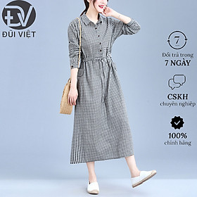 Váy Sơ Mi Nữ Dáng Suông Kẻ Sọc Dài Tay Kèm Dây Thắt Eo Phong Cách Hàn Quốc- Thời Trang Thu Đông Đũi Việt
