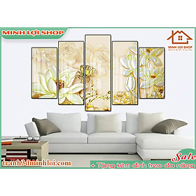 Tranh tráng gương pha lê BÔNG SEN 5 tấm trang trí phòng khách hiện đại TẶNG KÈM ĐINH TREO 5TBS07