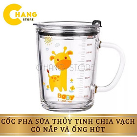 Mua Cốc pha sữa  uống nước thủy tinh chia vạch cho bé có ống hút và nấp đậy chống tràn