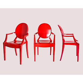 Ghế tiếp khách màu đỏ Ghế bàn làm việc có tay tựa nhựa PC cao cấp Ghế cafe fastfood Red Plastic Chairs GHOST ARM