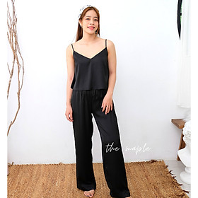 Bộ lụa dài áo dây quyến rũ The Maple Màu Đen