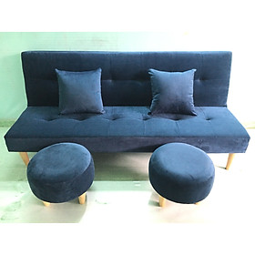 Ghế sofa giường, sofa bed phòng khách xanh dương đậm nhung và 2 đôn tròn