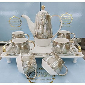 Bộ bình trà (ấm chén ) kèm khay vân đá viền vàng cao cấp sang trọng