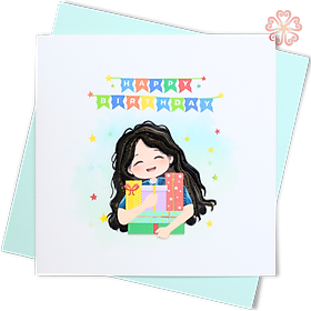 Thiệp Giấy Xoắn Nghệ Thuật - Thiệp Sinh Nhật Bé Gái Ôm Quà - Girl Holding Gift Boxes Birthday Card - Happy Birthday - 15 x 15 - VN2XM115E05E1