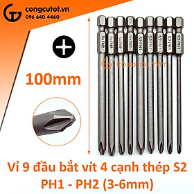 Mua Vỉ 9 đầu bắt vít 4 cạnh chuôi lục thép S2 Φ3 - Φ6mm dài 100mm