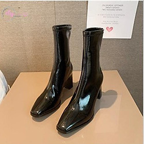 Giày Bốt Nữ Da Bóng Trắng Đen Ôm Chân Đẹp Gót 7 Phân Cổ cao Mũi Nhọn Không Có Khóa