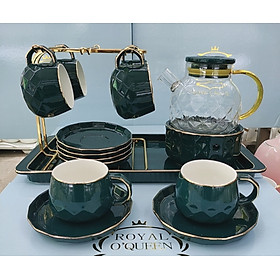 Bộ bình trà ( ấm chén ) kèm khay và giá treo cốc, bếp trâm trà, màu xanh vổ vịt viền vàng