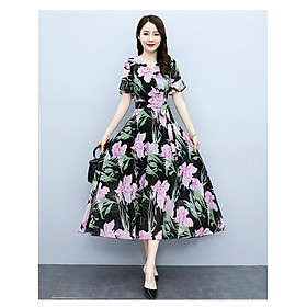 ĐẦM MAXI VOAN HOA TÍM NỀ ĐEN CỔ V TAY NGẮN