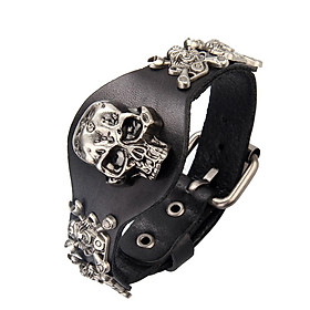 Vintage 3D Skeleton Skull Head Gothic Punk Rock PU Leather Bracelet Women Men Fashion Halloween Daily Jewelry