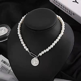 Dây chuyền vòng cổ ngọc trai bất đối xứng cá tính đồng xu cổ