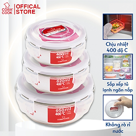 Hình ảnh Bộ 3 hộp đựng cơm trữ thức ăn thực phẩm trong tủ lạnh thủy tinh chịu nhiệt COBACOOK hình tròn- CCR4R6R93