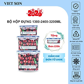 Bộ 3 Hộp Đựng Thực Phẩm VIETSON (1300,2400,3200ml) Nắp Khóa 4 Cạnh Kín Hơi