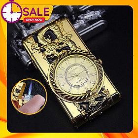 Mua Vỏ Hột Quẹt Bật Lửa Khò Ga Kiêm Đồng Hồ Khắc Họa Tiết Rồng Vàng/Thằn Lằn Có Đèn Led Cao Cấp