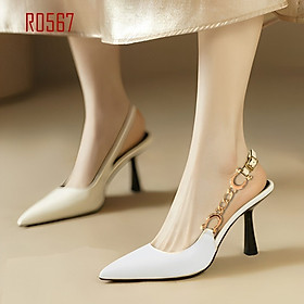 Giày sandal mũi nhọn quai phối kim loại ROSATA RO567 cao 8p - đen, trắng - HÀNG VIỆT NAM - BKSTORE