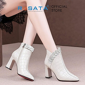 Giày boot ROSATA RO445 bốt nữ cổ cao, đế cao 8 phân thời trang hàn quốc cao cấp da Pu loại 1 mềm mại khóa kéo - Trắng