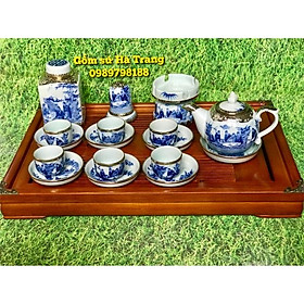 Bộ ấm chén chóp lửa trúc lâm thất hiền bọc đồng đủ phụ kiện kèm khay gỗ