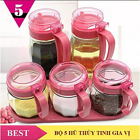 Mua Bộ 5 Hủ Đựng Gia Vị Thủy Tinh Gồm 2 Bình Rót Và 3 Hũ Đựng Chất Lỏng Có Nắp Bật Tặng Kèm Thìa Hủ Màu Hồng Trong Suốt.