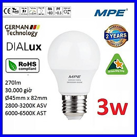 Bóng led bulb 3W cao cấp MPE LBD-3 ( tiêu chuẩn Châu Âu ). Chất liệu nhựa PC cao cấp chống va đập chịu nhiệt và truyền dẫn ánh sáng tốt
