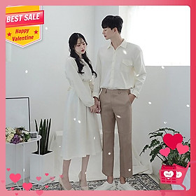 Set váy nữ sơ mi nam đôi màu trắng và vàng Hàn Quốc ÁO ĐÔI SASIN AV89