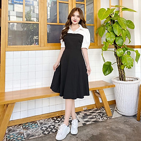 Đầm đen tay phồng phối trắng BEMINE MT1074DEN