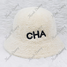 Nón bucket cúp lông xù thêu chữ CHA, vành rộng 5cm, chất liệu lông xù mềm mại, thời trang
