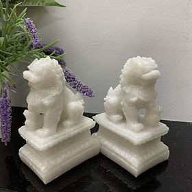 Cặp 2 tượng đá kỳ lân trang trí phong thủy - Kỳ lân cao 12cm - Đá trắng đá non nước