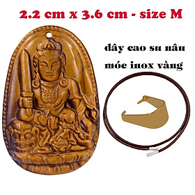 Mặt Phật Văn thù đá mắt hổ 3.6 cm kèm vòng cổ dây cao su nâu - mặt dây chuyền size M, Mặt Phật bản mệnh