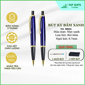 Bút ký bấm xanh dương viền vàng BB001 khắc tên - Ngòi 0.7mm mực xanh + Hộp bút