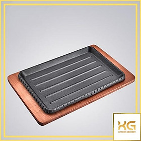 Chảo gang bò né hình chữ nhật kèm đế gỗ nâu 24cm×17cm×1.5 cm