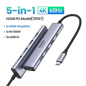 Hub chuyển đổi USB Type-C 5 trong 1 ra HDMI 4K@60Hz, USB-A x3, Sạc PD 100W Ugreen 15597 hàng chính hãng