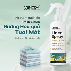 Xịt thơm quần áo Vemoda cao cấp giúp khử mùi ẩm mốc, làm thơm vải nhanh chóng, chiết xuất từ tinh dầu thiên nhiên và nước hoa