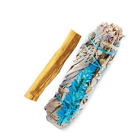 Sét 1 bó lá xô thơm trắng white sage hoa xanh 10cm và 1 thanh gỗ palo santo trắc xanh 5-6gr Combo06