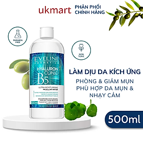 Nước Tẩy Trang Eveline Hyaluron Clinic B5 Và Tinh Chất Rau Má Làm Dịu, Dưỡng Ẩm Phục Hồi Da 500ML