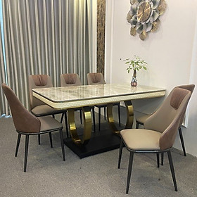 Mua Bàn ăn mặt đá Ceramic bóng chân inox mạ vàng kết hợp ghế spot - bàn ăn nhập khẩu mặt đá cao cấp sang trọng sáng bóng