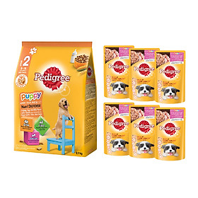Bộ thức ăn cho chó con dạng hạt Pedigree vị gà, trứng và sữa 2.7kg + 6 túi thức ăn dạng sốt vị gà 130g/túi