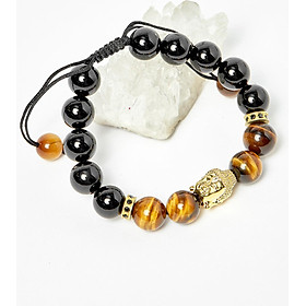 Vòng kết dây đá thạch anh mắt hổ vàng nâu phối obsidian và charm phật hạt 10mm - Ngọc Quý Gemstones
