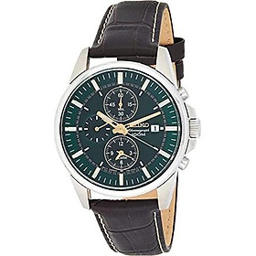Seiko #SNAF09 Men's Leather Band Green Dial Alarm Chronograph Watch