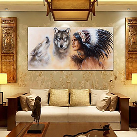 Mua Tranh sơn dầu treo tường Thổ dân Ấn độ và 2 chó sói
